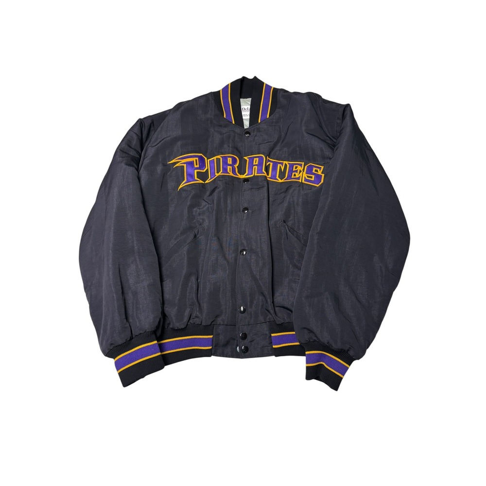 Vintage DeLONG Pirates Bomber‎ Jacket Mens Large Black Purple Gold Quilted Nylon